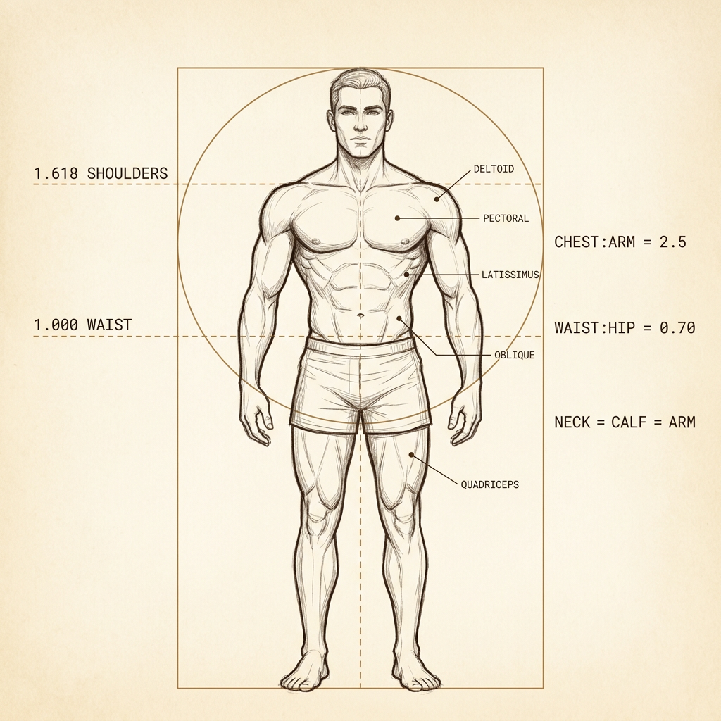 Anatomical sketch of an ideal male physique annotated with golden-ratio shoulder-to-waist proportions and key muscle group labels.